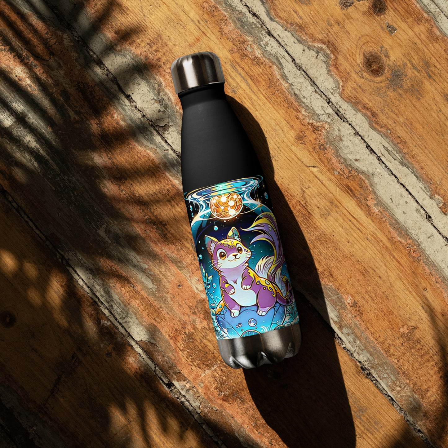 Stainless steel water bottle - Magic Disco Cat - Anime Illustration